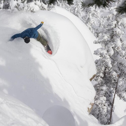 A snowboardeuh, dans une veste bleue, sculptant un oreiller en poudre à travers les pins à Taos Ski Valley au Nouveau Mexique avec Mountain Collective.