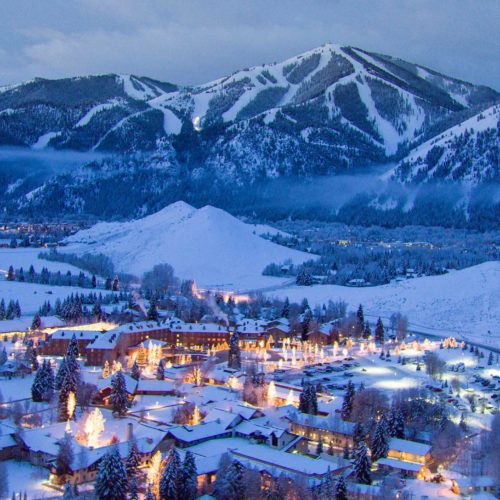 Scenic view of Sun Valley Resort and town with premier skiing and lodging for Mountain Collective pass holders.