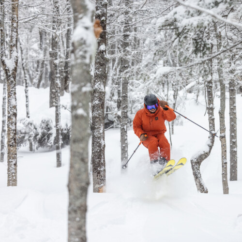 A skier in orange clothes tree-skiing through powdery glades at Le Massif.