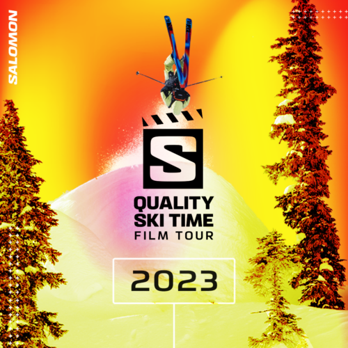2023 Salomon Quality Time Ski Tour logo sponsored by Mountain Collective with skier doing a flip.