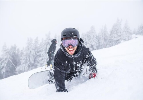 A person wearing a helmet and goggles is excitedly lying on a snowy slope while holding a snowboard. Another person is seen snowboarding in the background, surrounded by snow-covered trees.