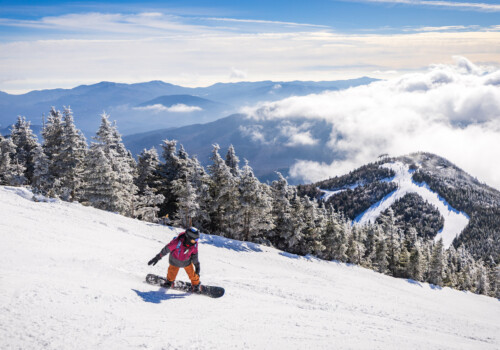 A snowboarder in orange pants and a pink jacket descends a snowy mountain slope, surrounded by snow-covered trees and distant mountainous landscape under a partly cloudy sky.